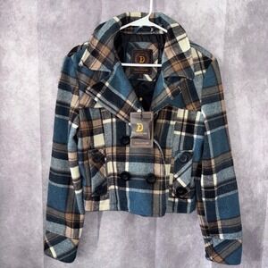 Dollhouse Women's Large Cropped Pea Coat Blue Brown Plaid Wool Blend